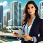 Soraya Alem standing in front of a modern urban skyline with palm trees and clear blue sky.