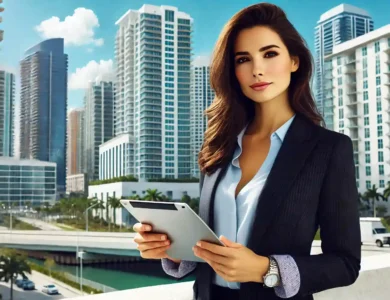 Soraya Alem standing in front of a modern urban skyline with palm trees and clear blue sky.