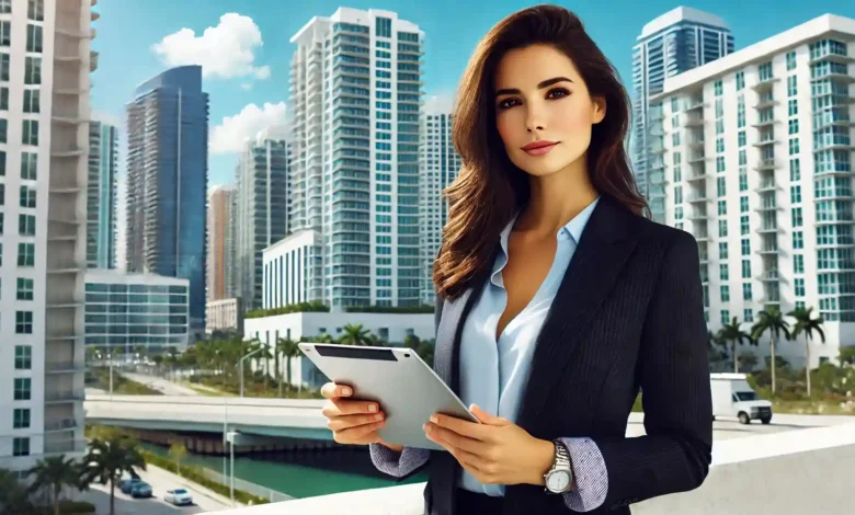 Soraya Alem standing in front of a modern urban skyline with palm trees and clear blue sky.